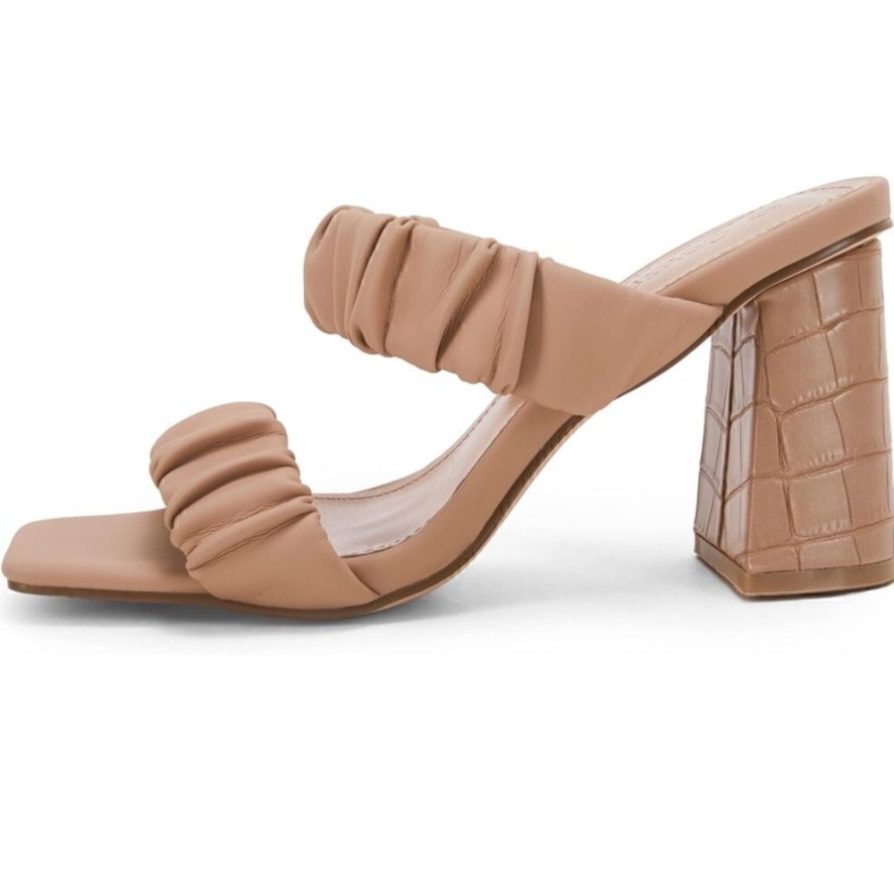 Coutgo Scrunch Stretch Strap Chunky Heeled Slip on Slides Backless Block Sandals